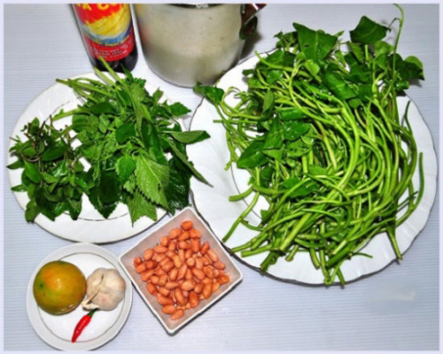 nguyên liệu làm rau muống nộm thịt bò